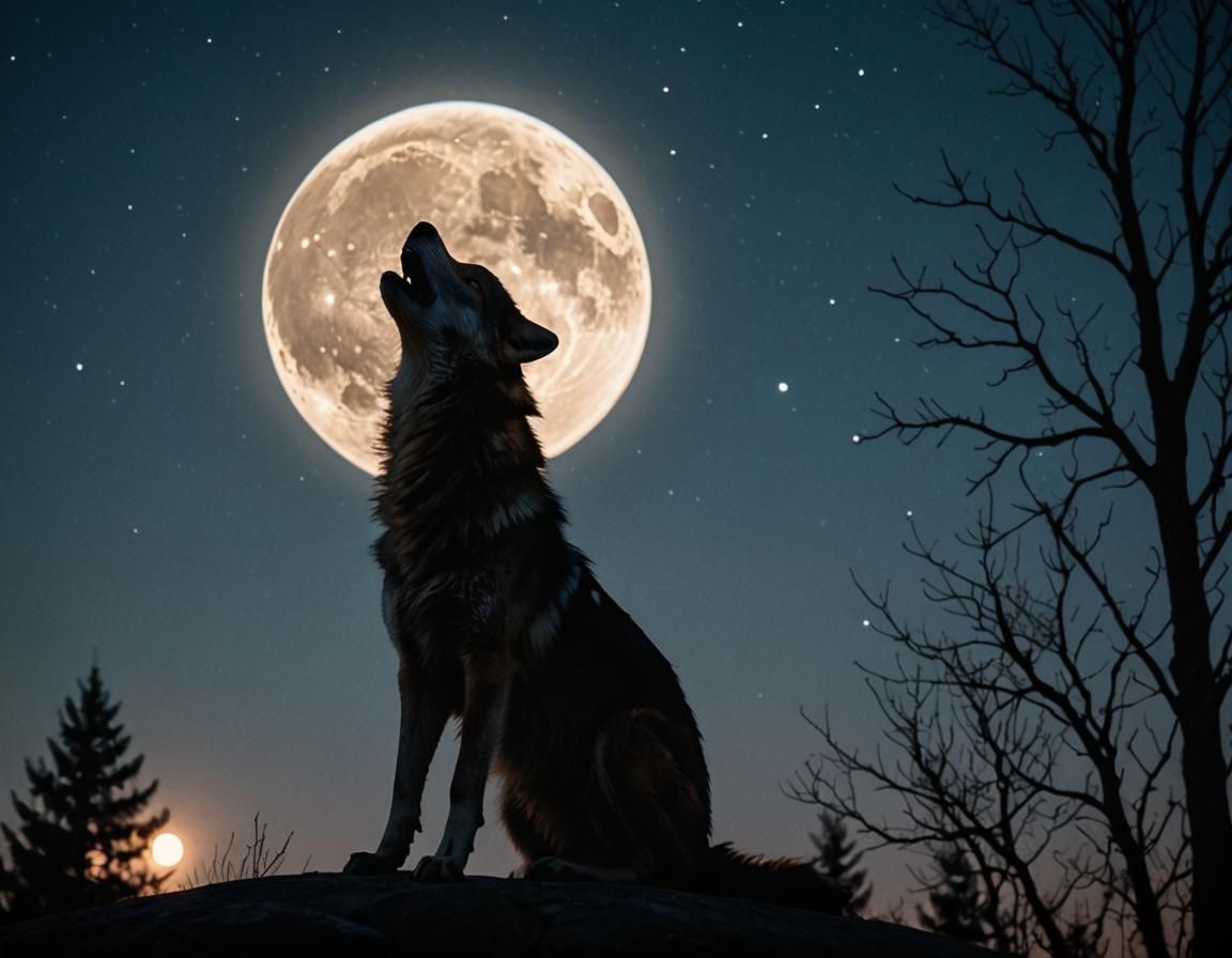 Wolf Howling at Moon Silhouette, Professional Photography