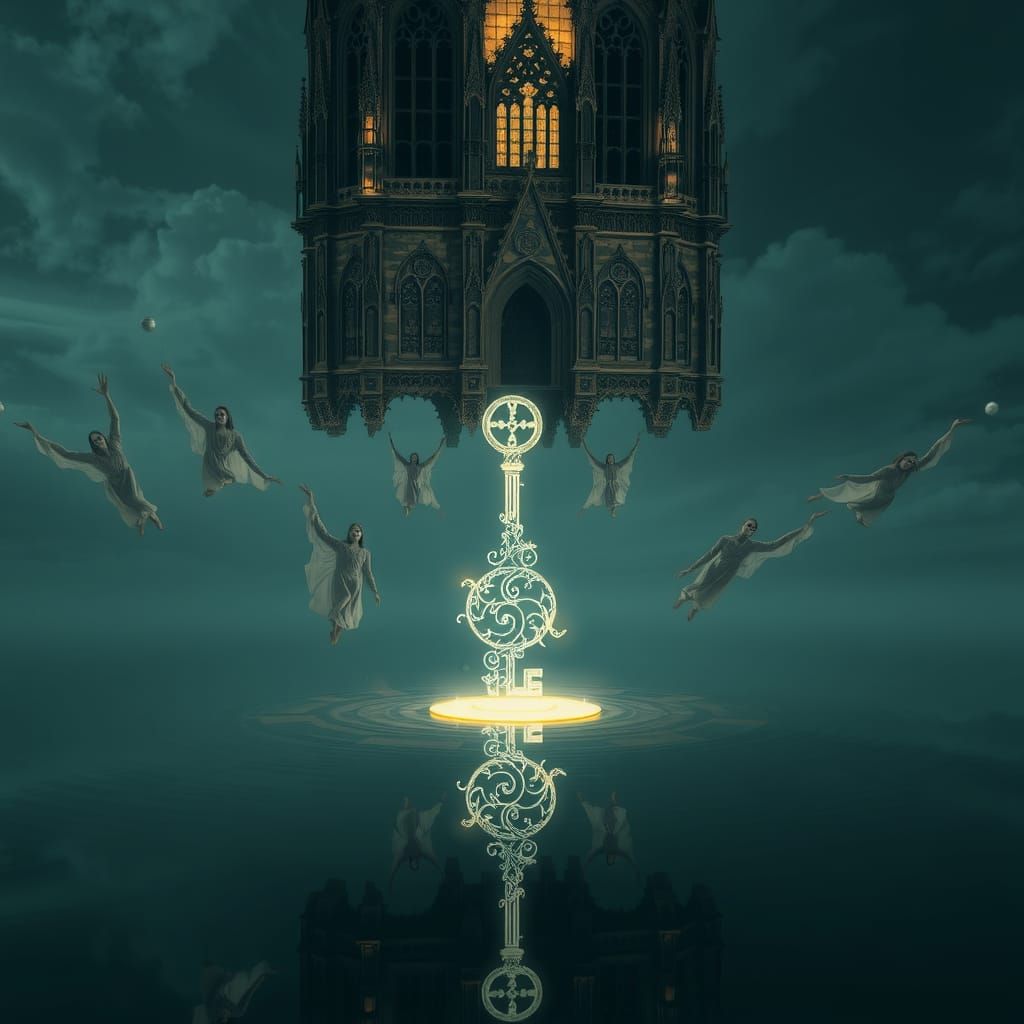 Upside-Down Cathedral in Sky: Surreal Gothic Scene