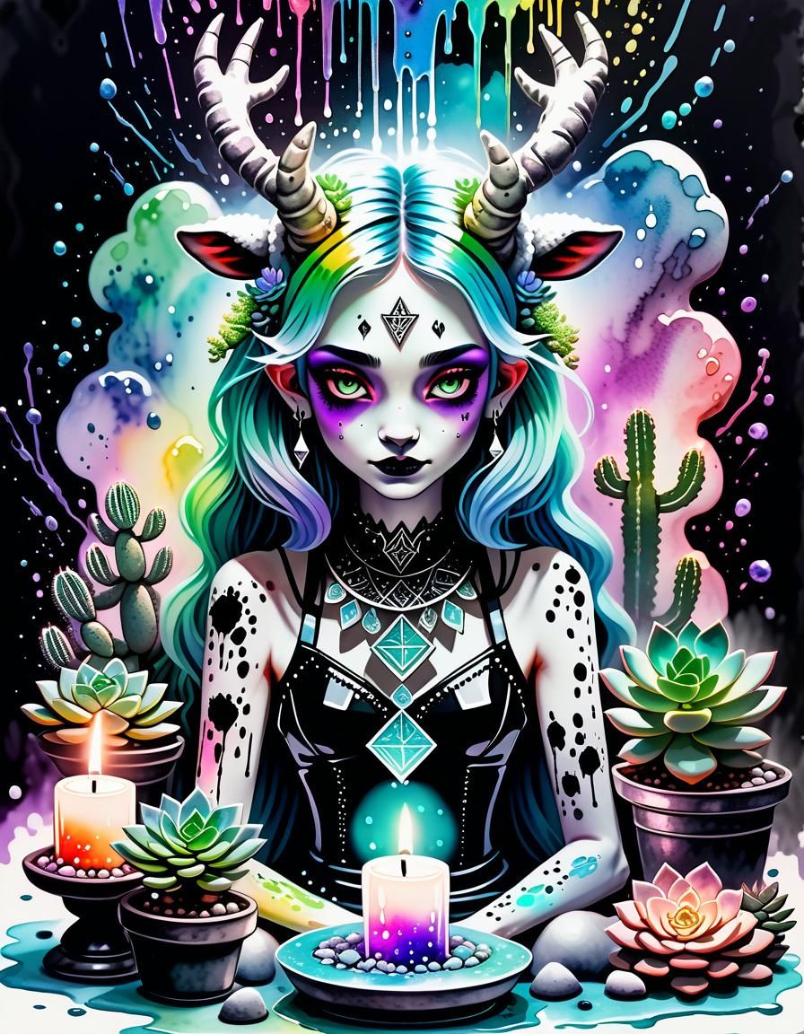 Pastel Goth Demoness with Rainbow Liquid in Watercolour