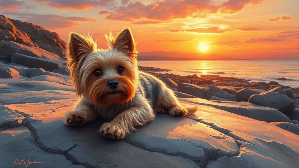 Yorkie Dog Basking in Sunset, Impressionist Oil Painting