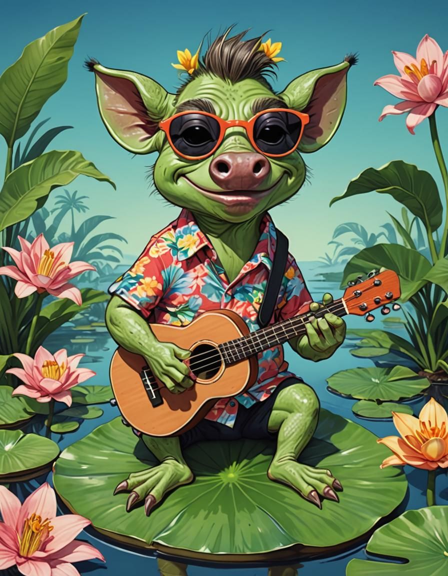 Cartoon Warthog Playing Ukulele in 2D Style