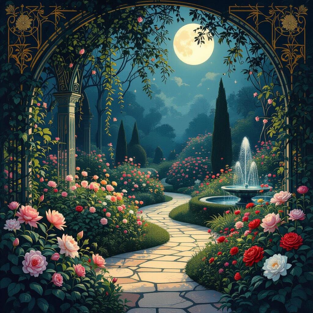 Moonlit Garden in Art Deco Surrealist Style