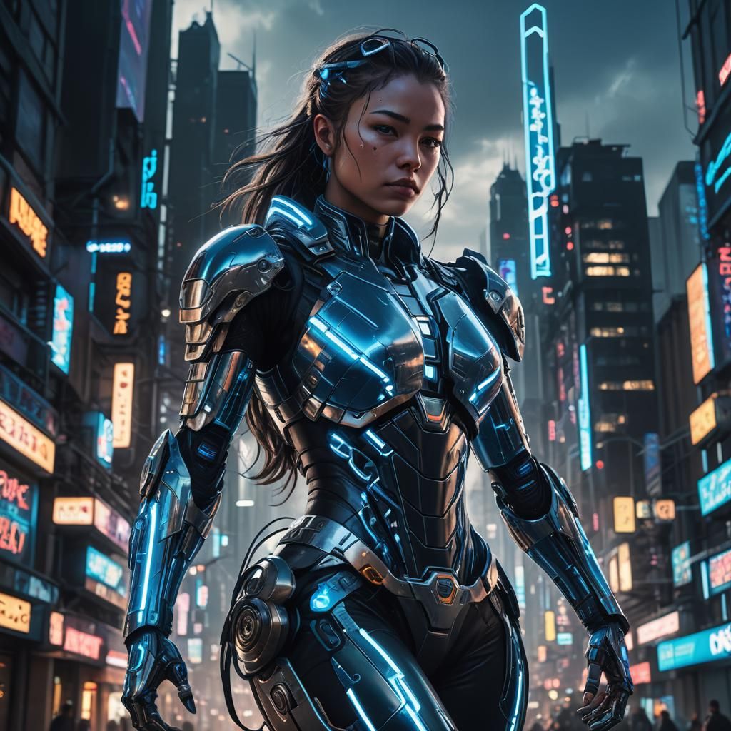 Cyberpunk Superheroine with Glowing Circuits in Neon City