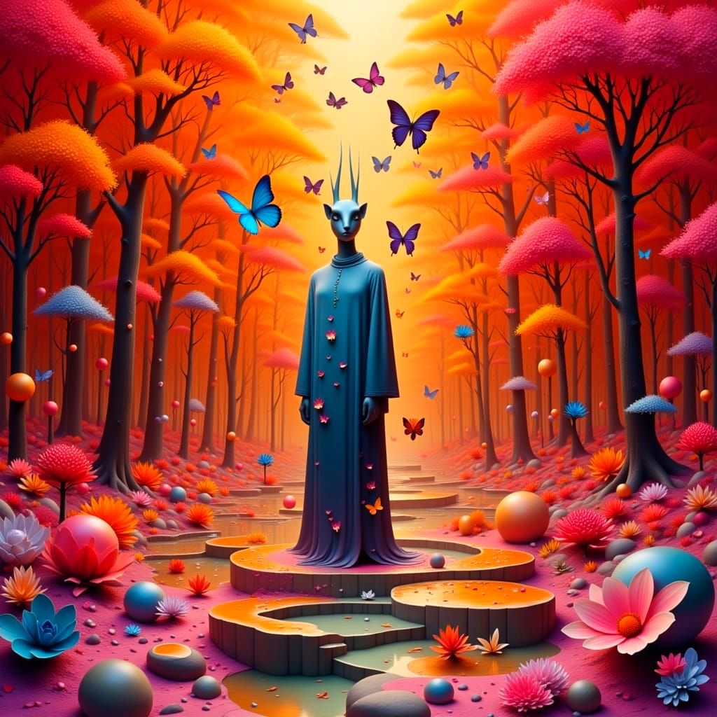 Surreal Hybrid Figure Surrounded by Vibrant Forest and Swarm...