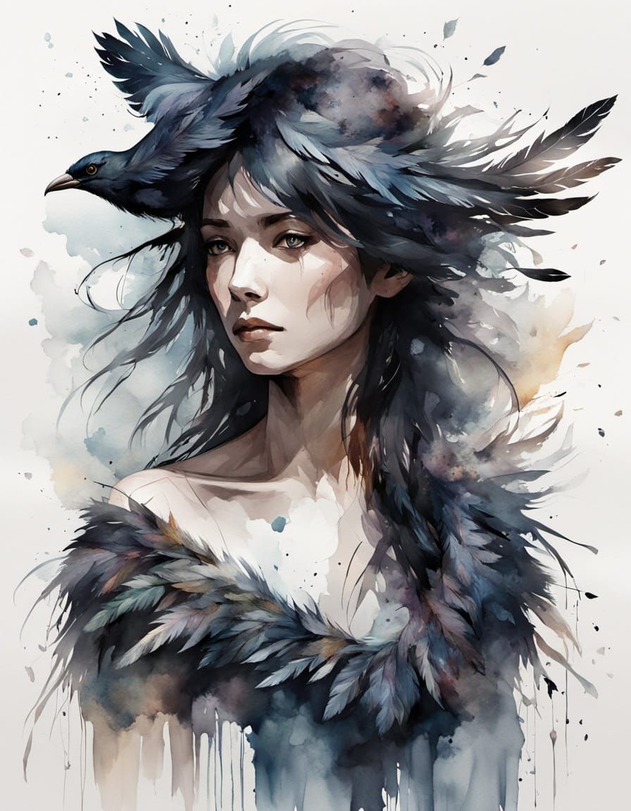 Beautiful Bird Spirit with Scattering Feathers and Water Col...