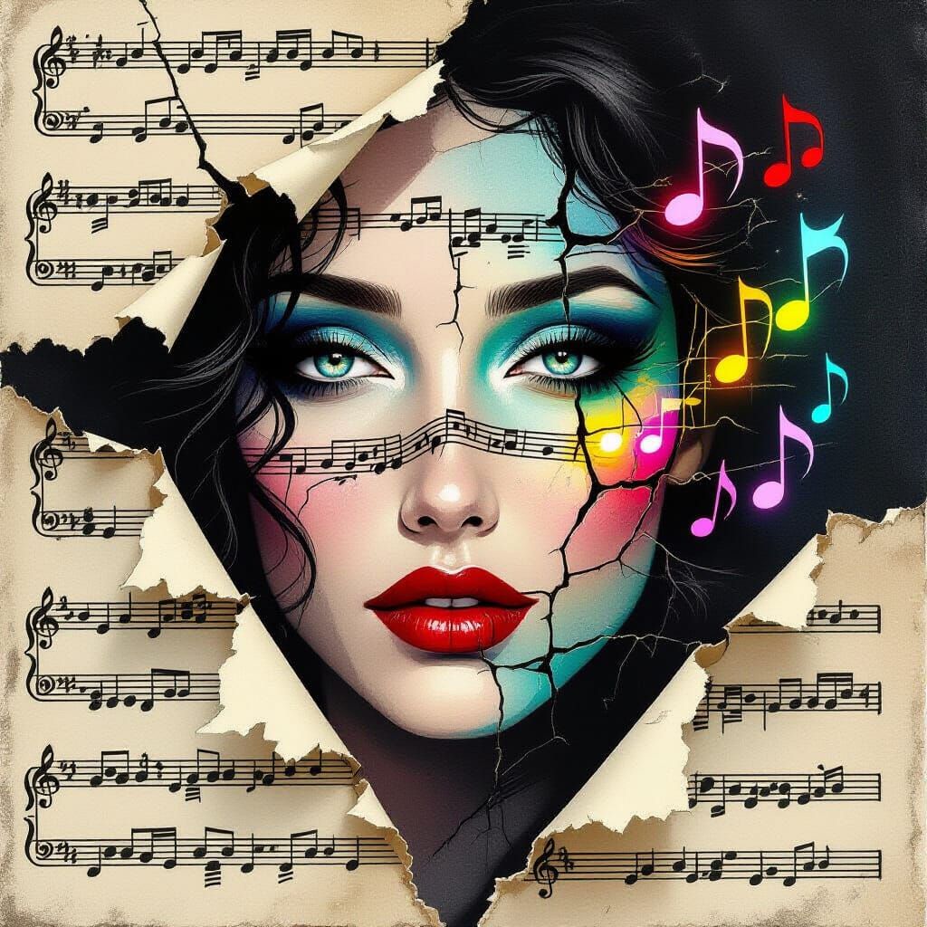 Surreal Woman's Face Emerges from Torn Sheet Music