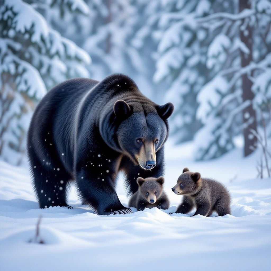 Mother Bear and Cubs in Snowy Forest