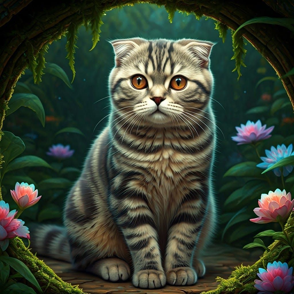 Ethereal Scottish Fold Cat in Whimsical Fantasy Environment