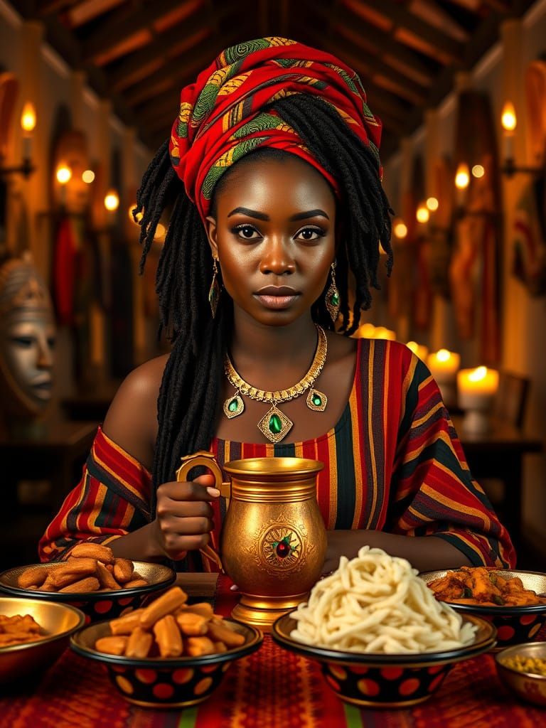 African Goddess at Celebration Feast in Realistic Style