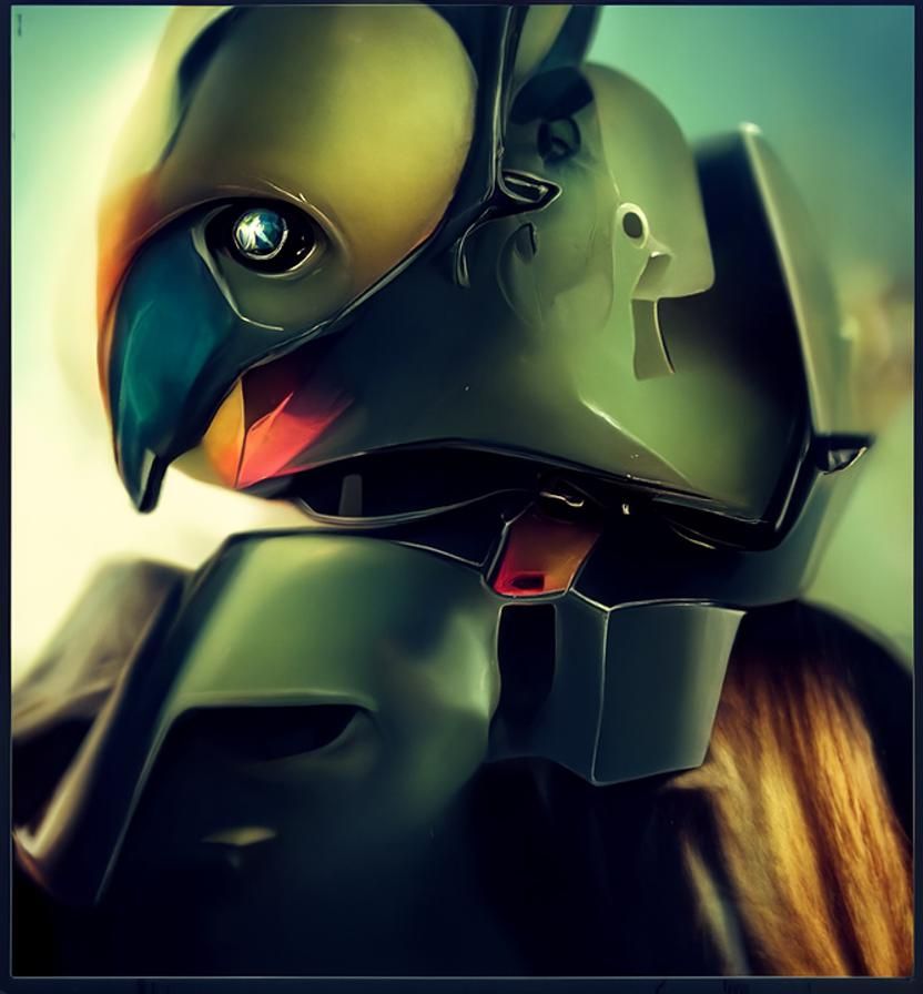 Gundam Head with Parrot Mask in Digital Art Style
