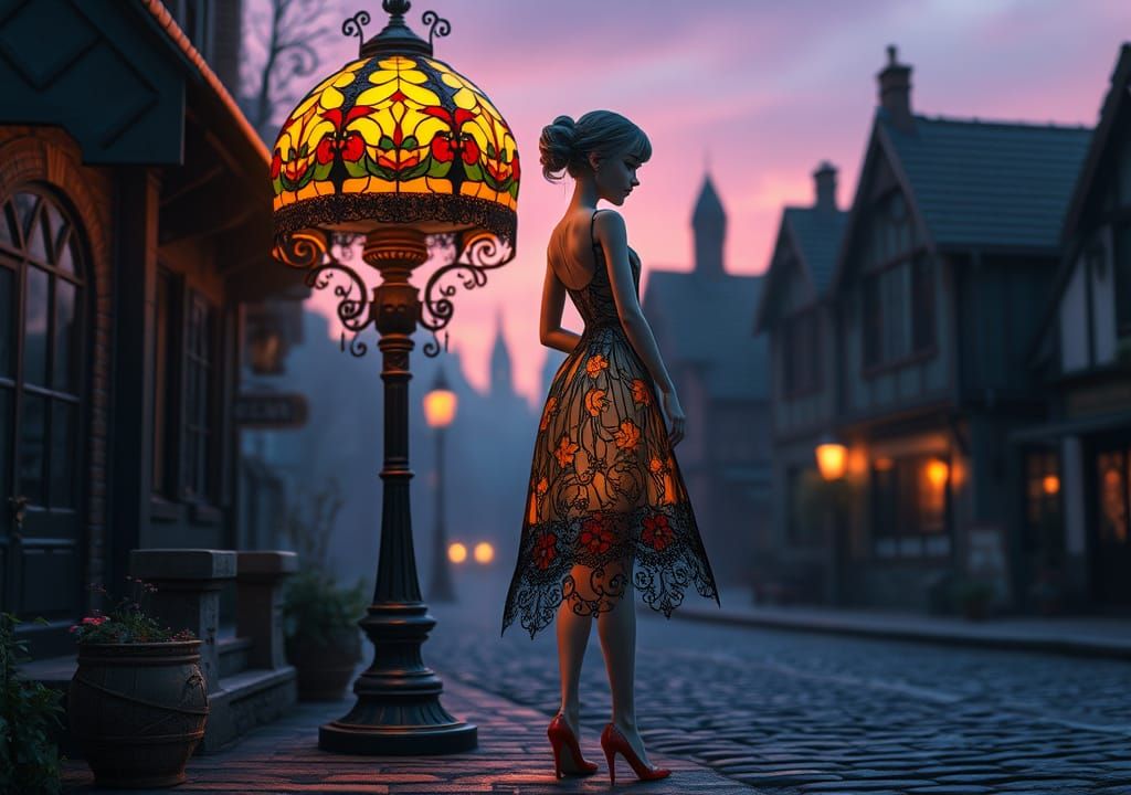 Gothic Doll in Stained Glass Dress, Art Nouveau Style