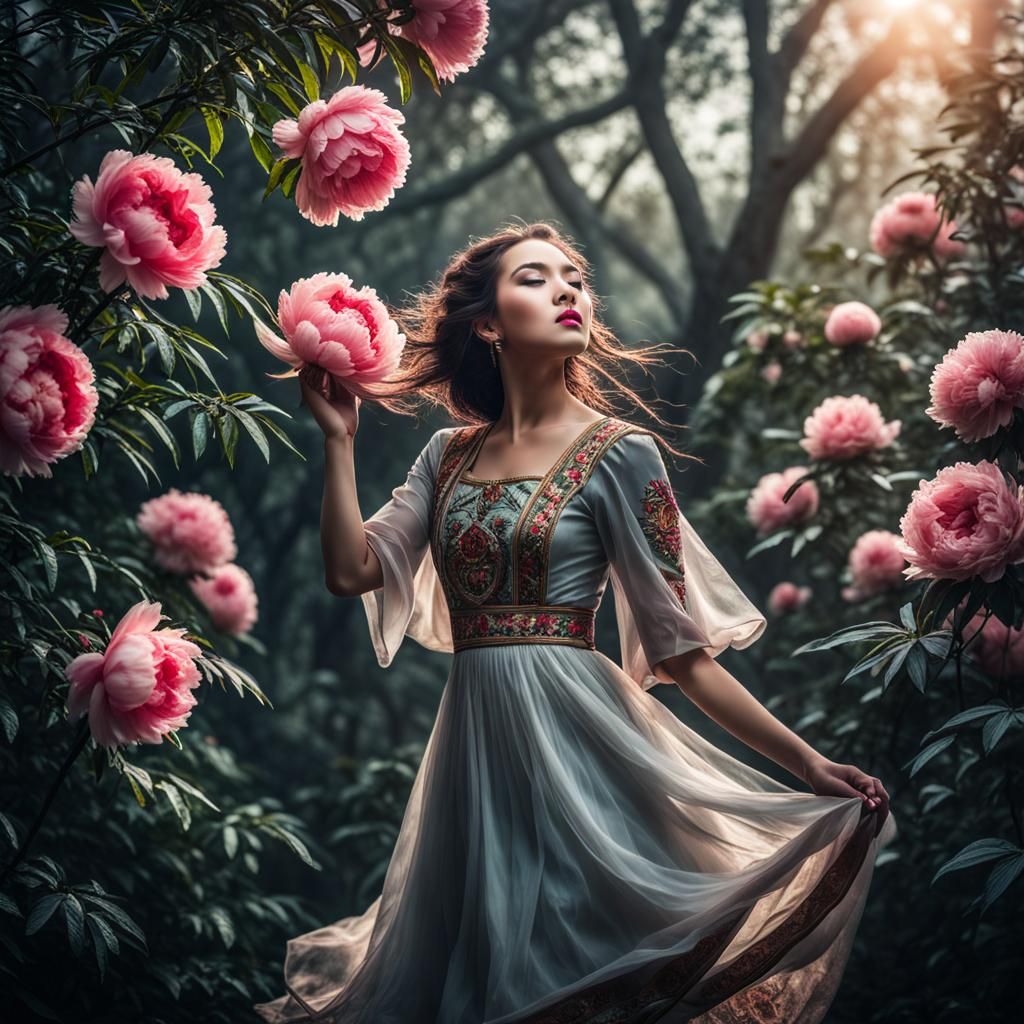 Woman Dancing with Nature: Hyperrealistic Image