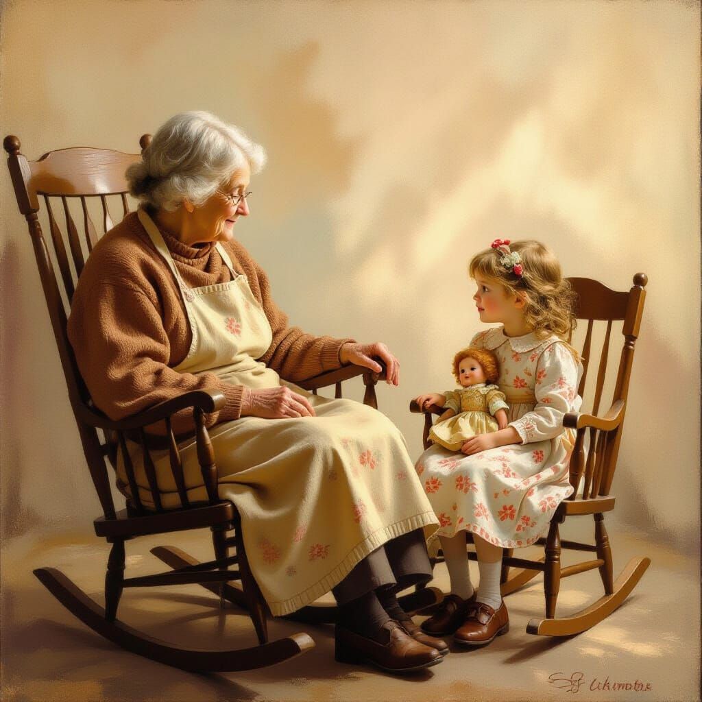 Serene Scene of Woman and Girl in Impressionistic Style