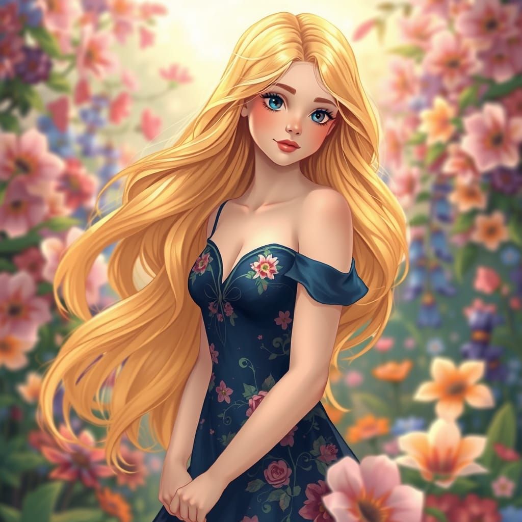 Dreamy Young Woman in Vibrant Floral Garden