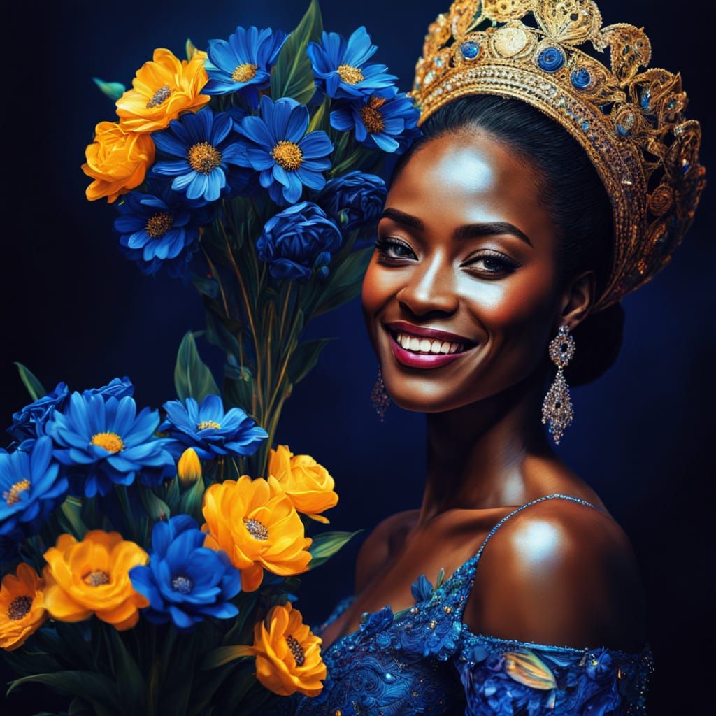 Smiling Bride in Blue Dress, Oil Painting Style