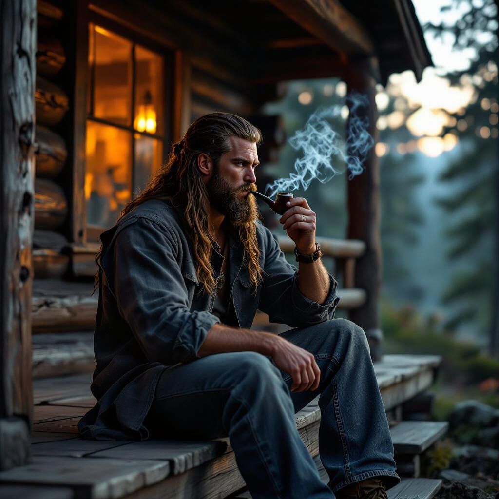 Viking Warrior on Rustic Cabin Porch in Cinematic Style