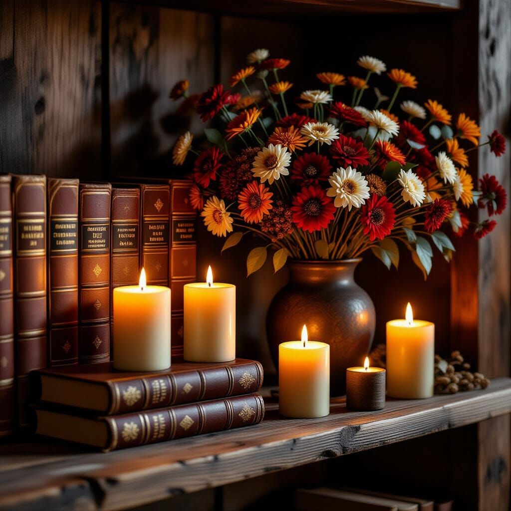 Rustic Shelf with Candles and Books in Golden Autumn Light