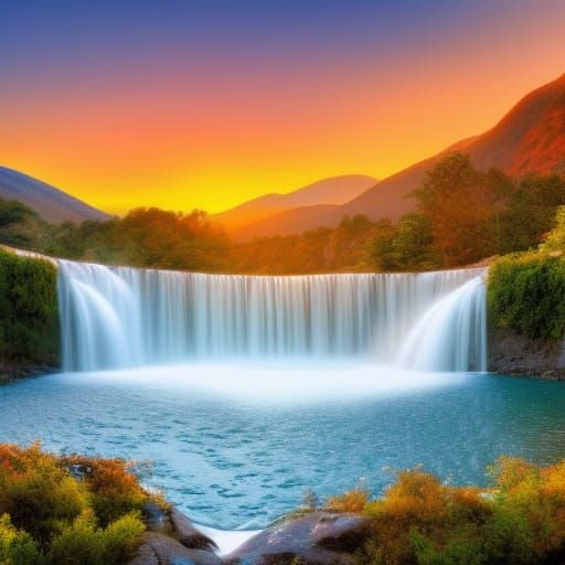 Scenic Waterfall Sunset Mountain Landscape