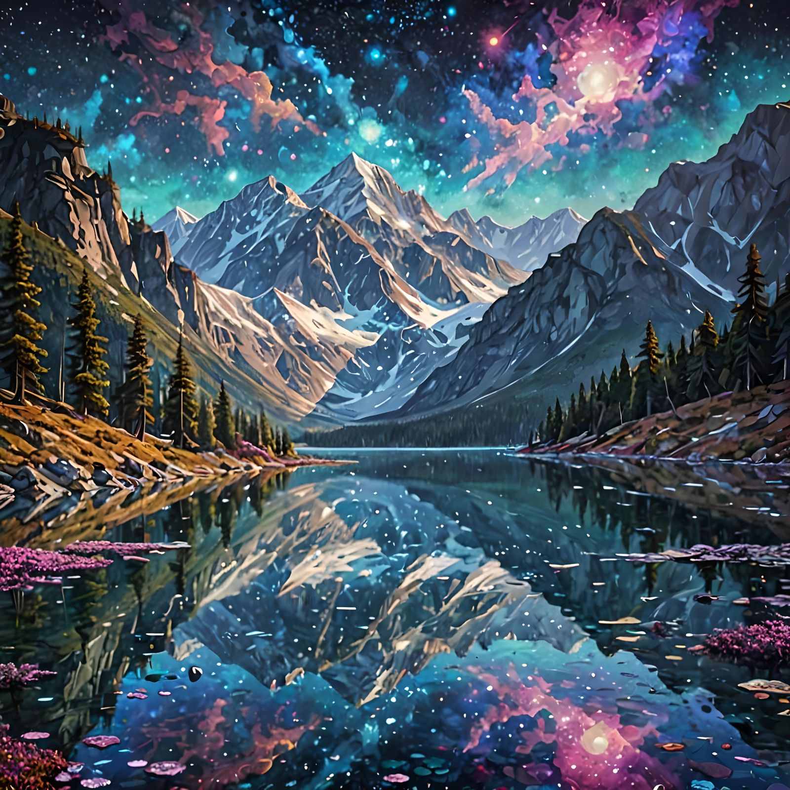 Cosmic Lake and Sparkling Mountains in Neoimpressionism