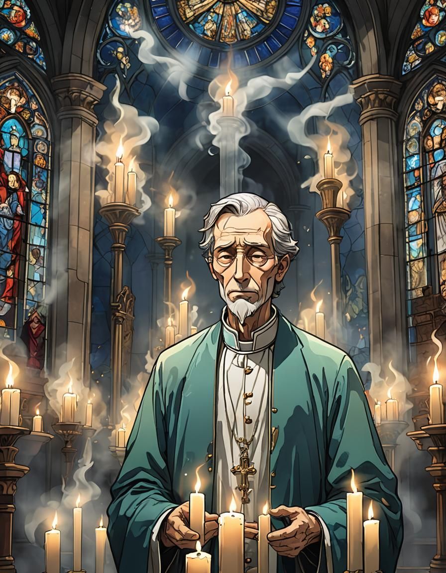 Candles Form Father's Face in Anime Style Church