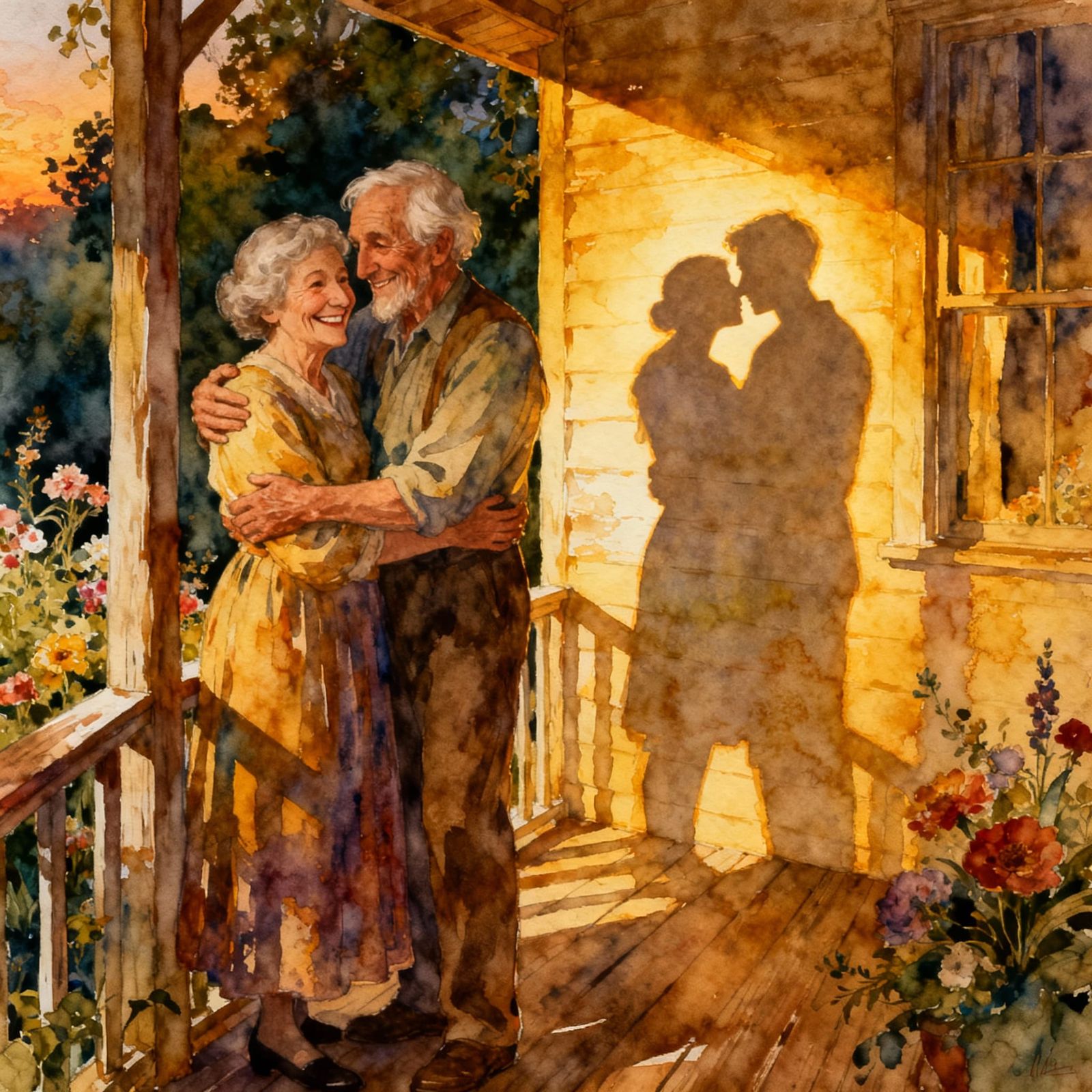 An elderly couple closely together on a country style wooden...