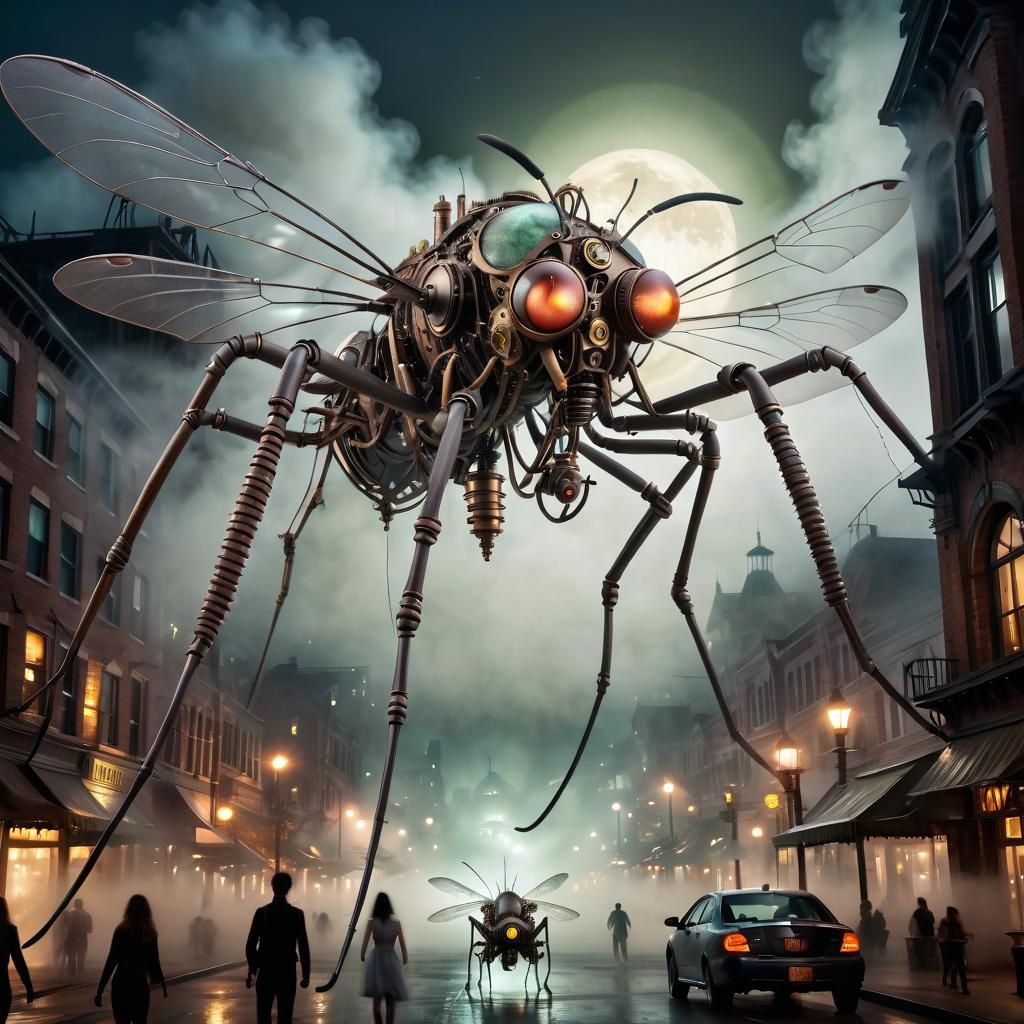 Giant Steampunk Mosquito Flying in Foggy City