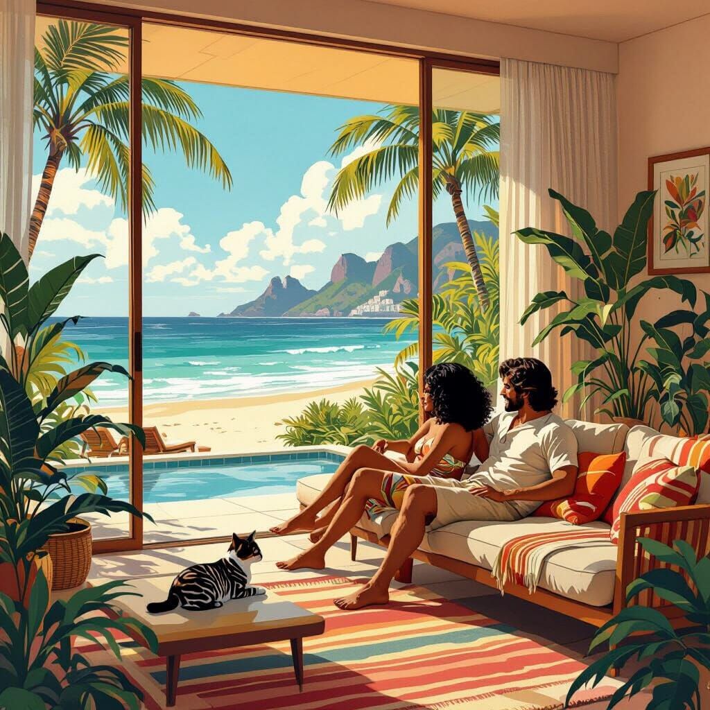 Tropical Living Room in Bossa Nova Mid-Century Style