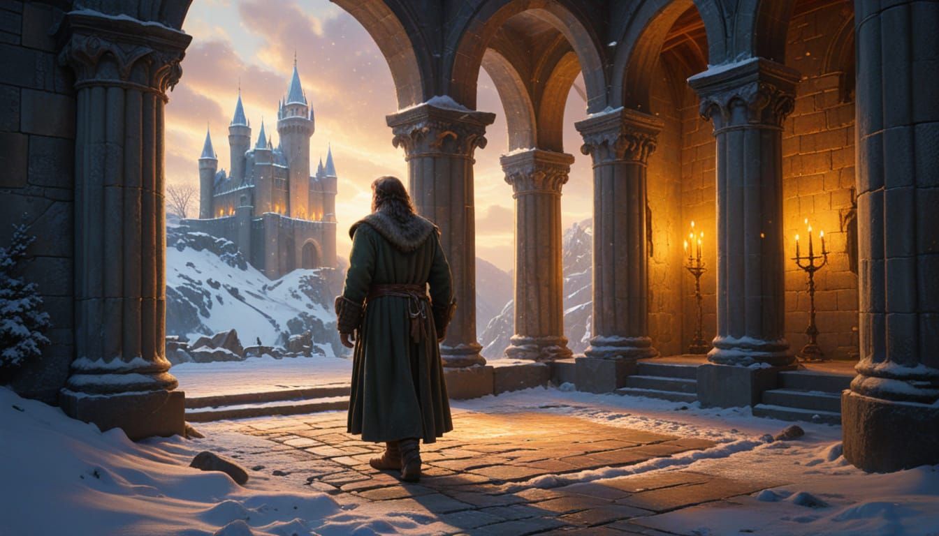 Regal King in Snowy Castle Courtyard under Golden Hour