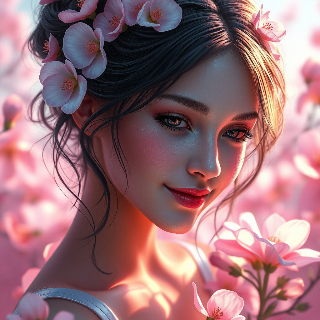 Ethereal Flower Girl Portrait in Art Nouveau Style