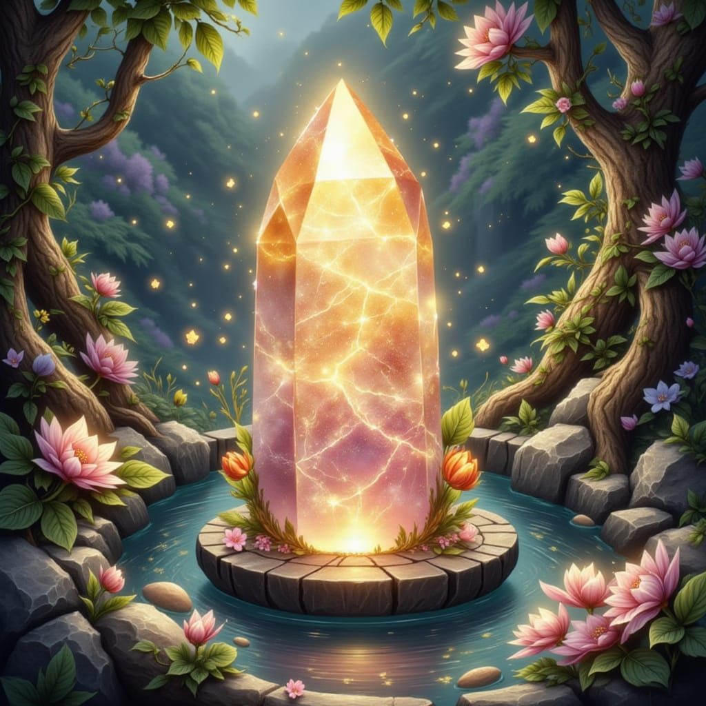 Magical Sunstone Crystal by Wishing Well in Anime Style
