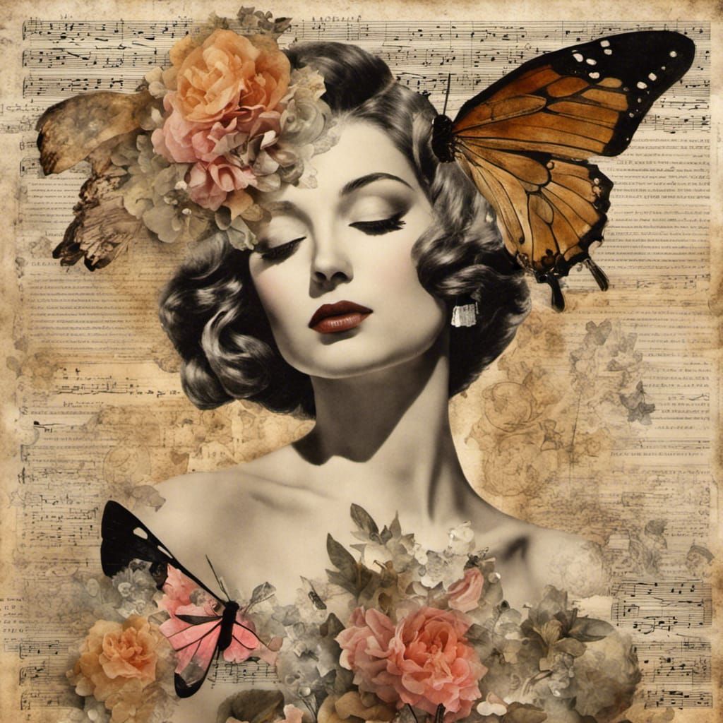 Retro Pinup Woman in Mixed Media Collage Art