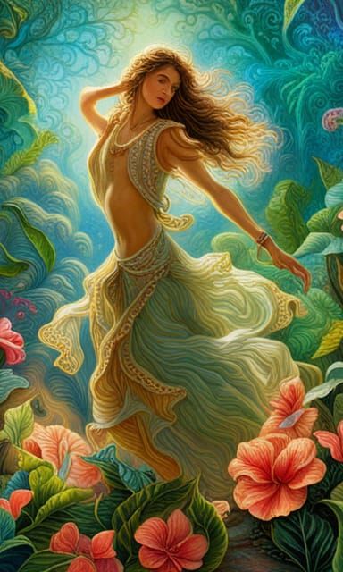 Tara Dancing in Hibiscus Garden: Hyperrealistic Art