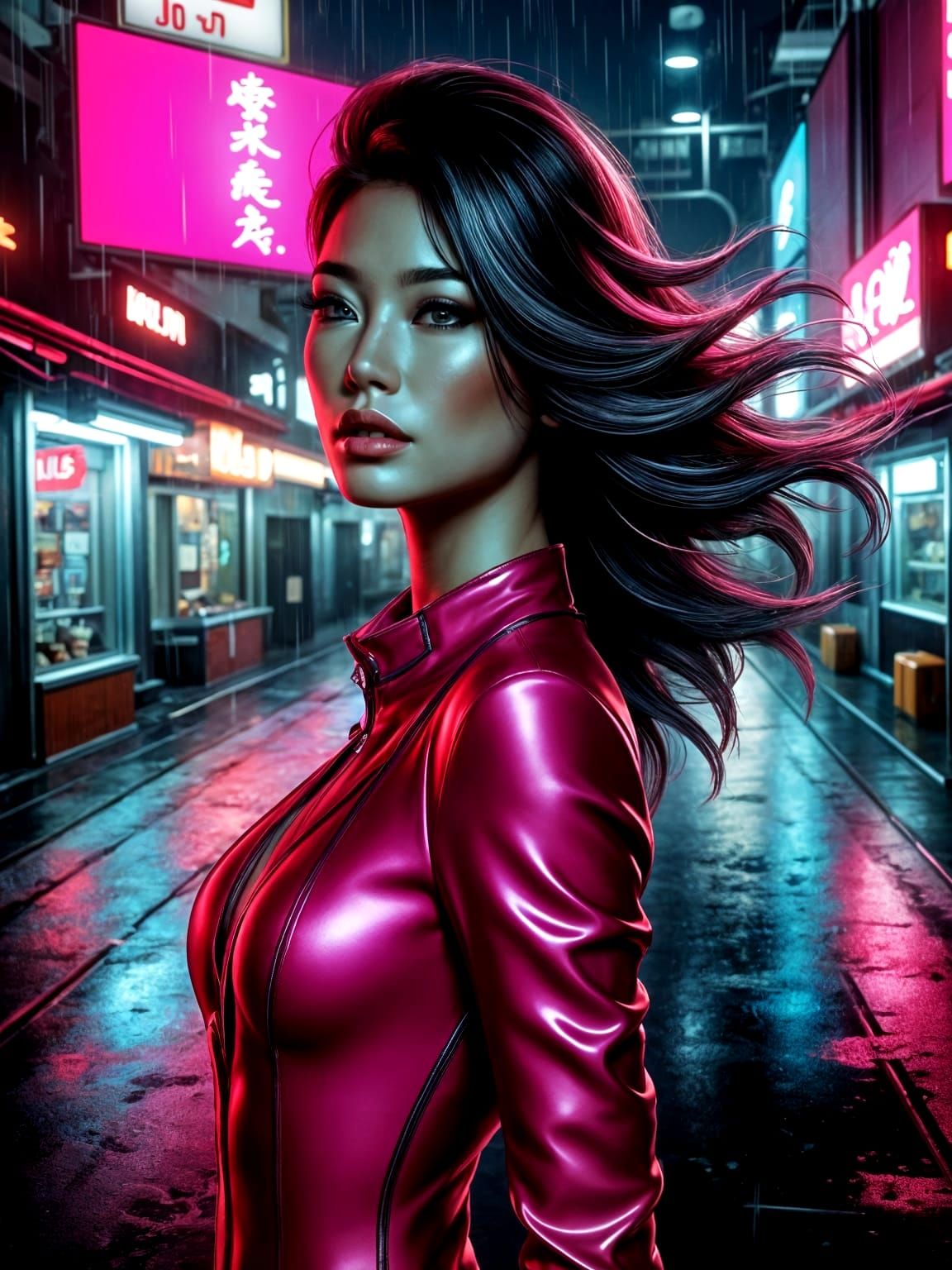 Supermodel in Neon Power Suit on Retro-Futuristic Street