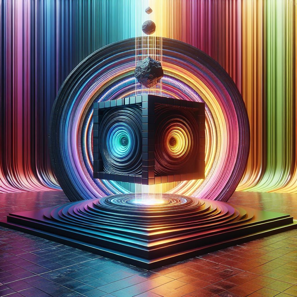 3D Render of Black Cube with Seven Heavens