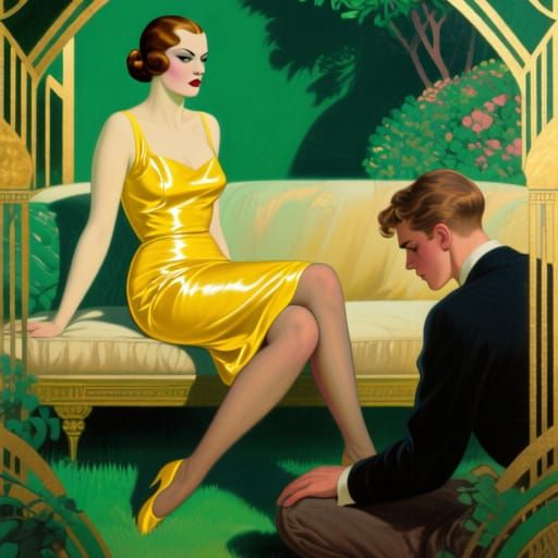 Elegant Woman in Yellow Silk Skirt on Garden Sofa