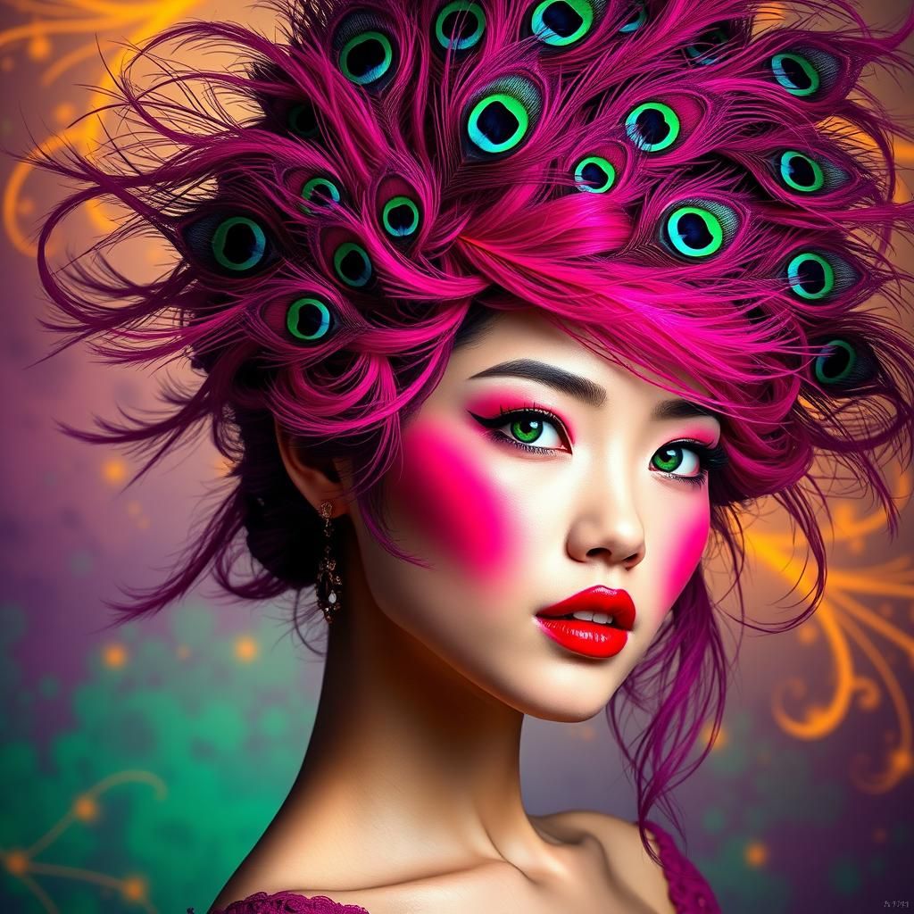 Asian Woman with Peacock Feathers, Digital Portrait