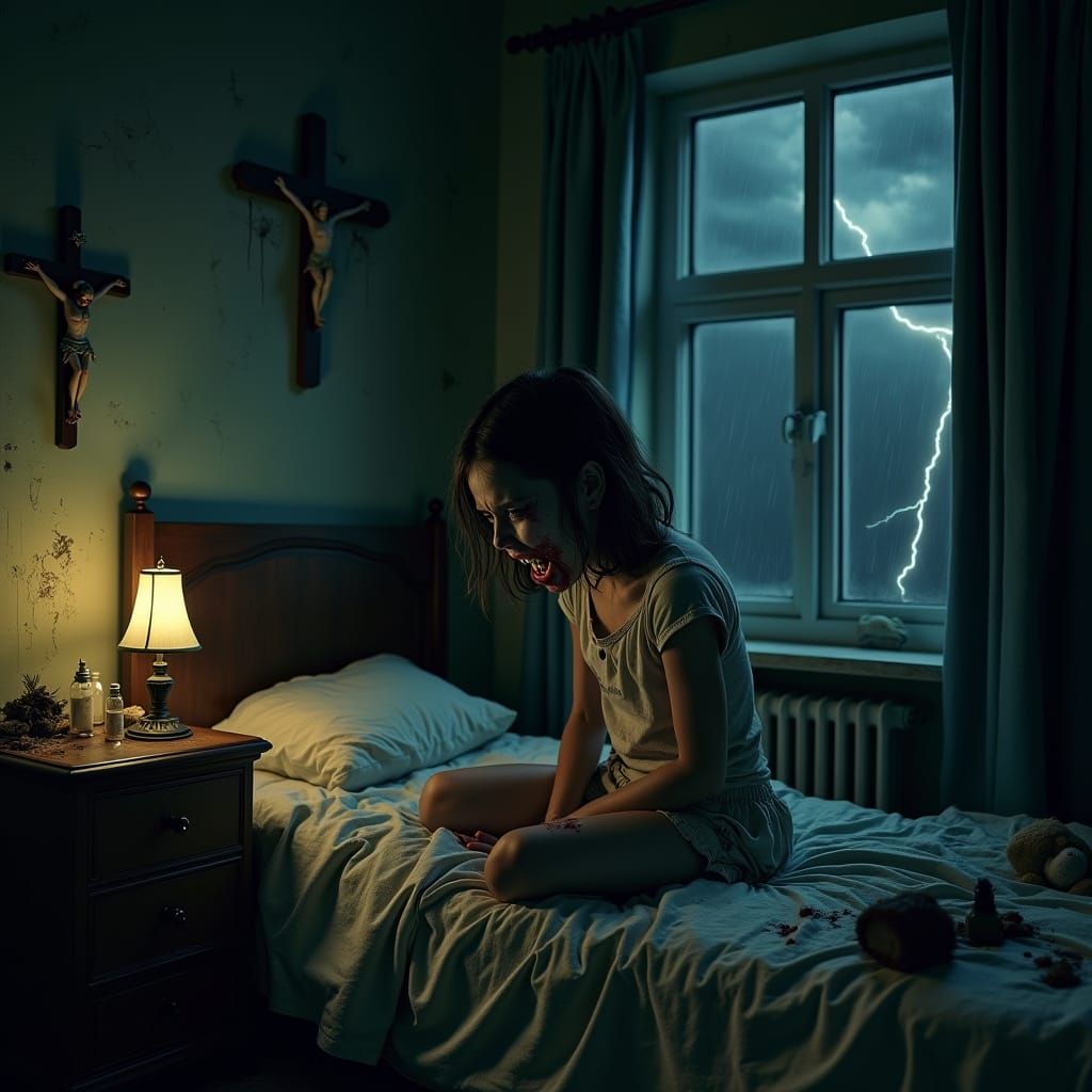 Disturbing Girl in Dark, Desaturated Bedroom Scene, Inspired...