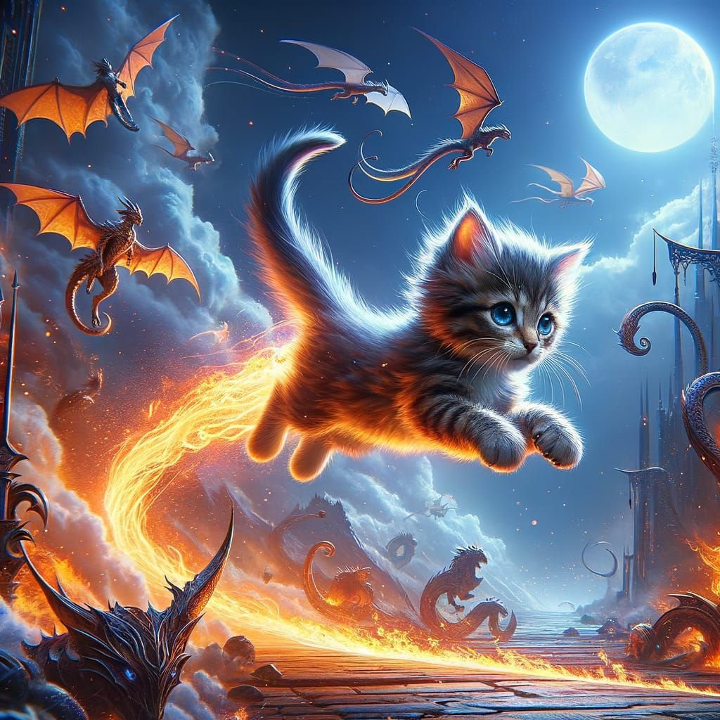 Fantastical Kitten Dashes Through Blazing Trail