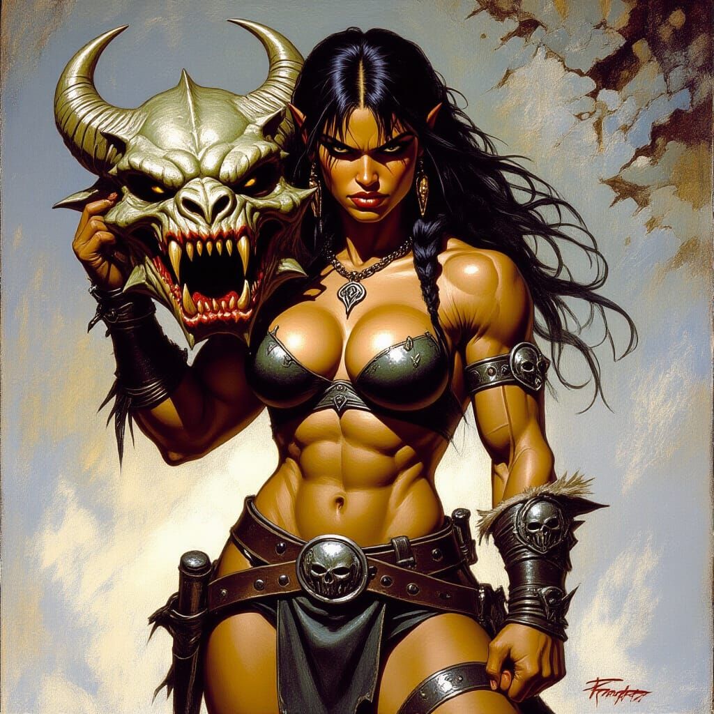 Muscular Barbarian Woman in Frazetta Style