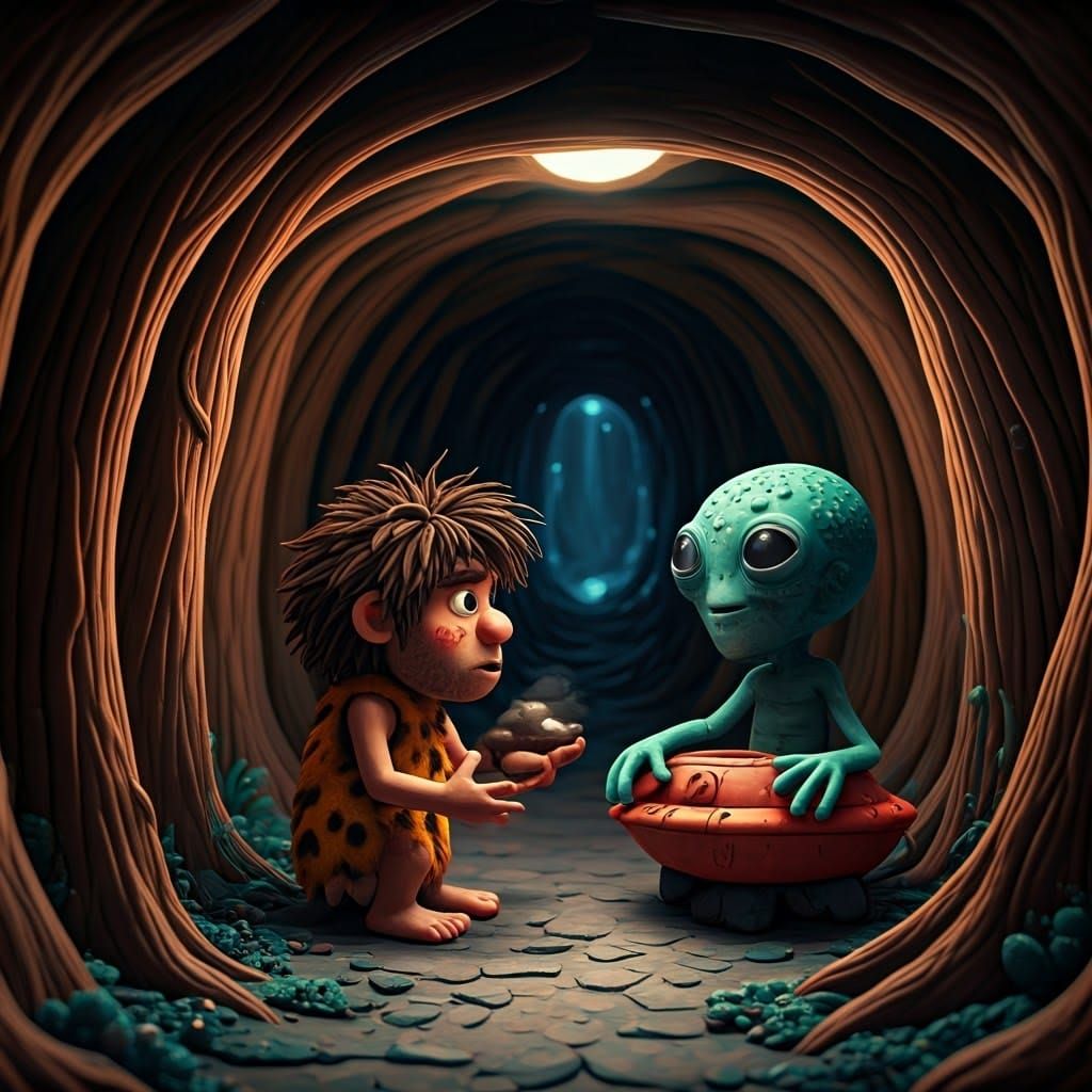 Caveman Meets Alien in Whimsical Claymation Scene