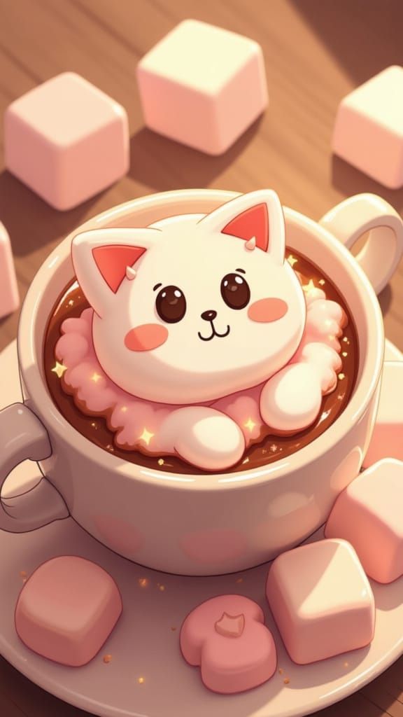 Cute Cat Marshmallows in Hot Chocolate, Ghibli Style