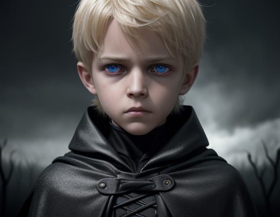 Disturbing Portrait of Boy with Cape and Voltage Eyes