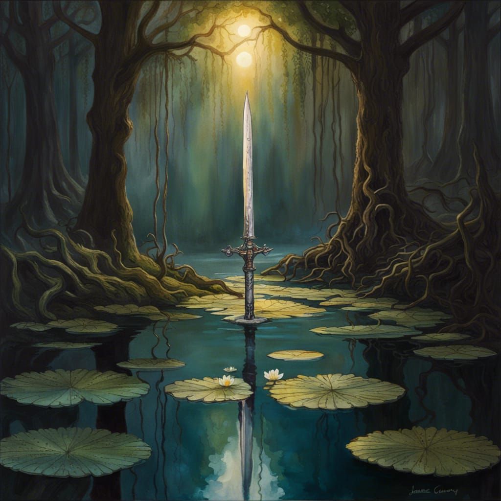 Silver Sword in Forest Lake: Gothic Fantasy Art