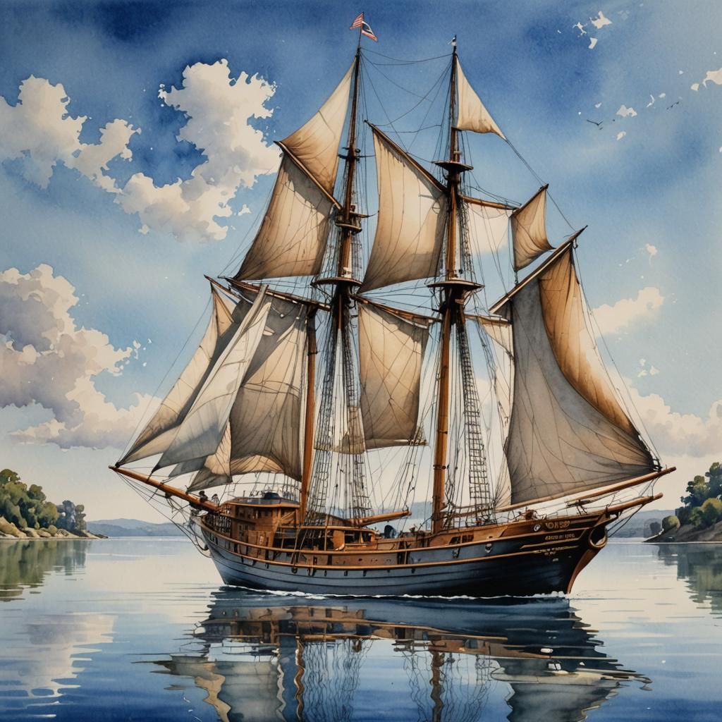 Schooner on Still Water: Watercolor Painting