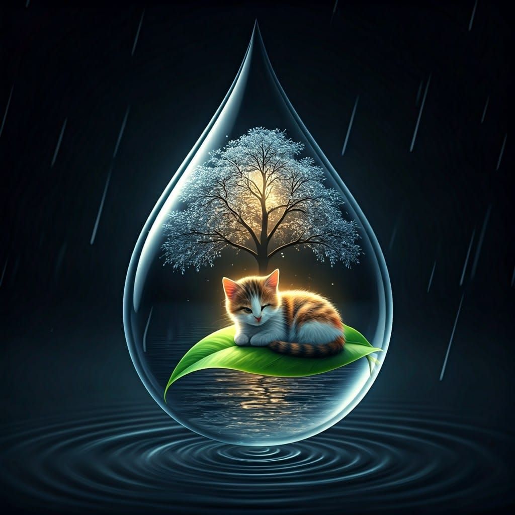 Calico Kitten in Raindrop World