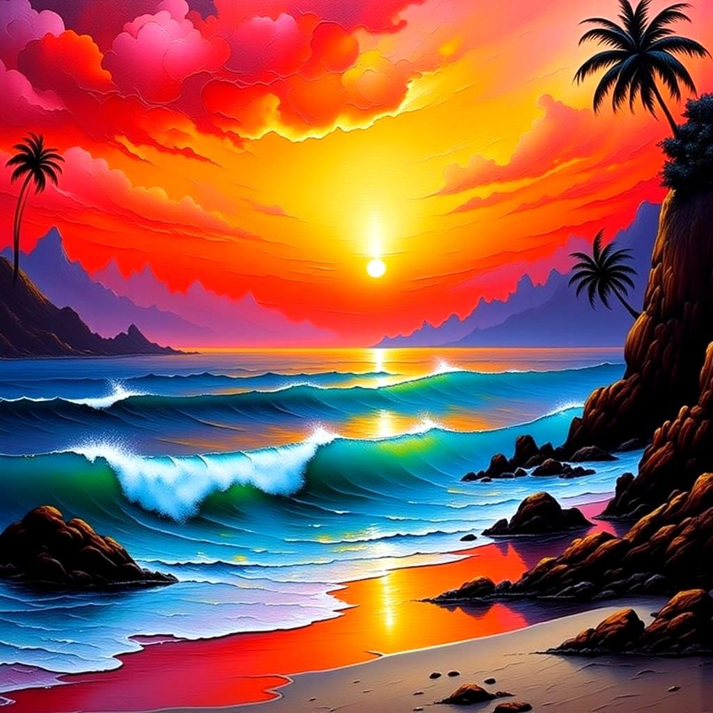 Vibrant Island Seascape in a Cyberpunk Red Haze