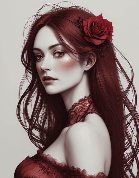 Pencil Sketch of Woman with Roses in Art Nouveau Style