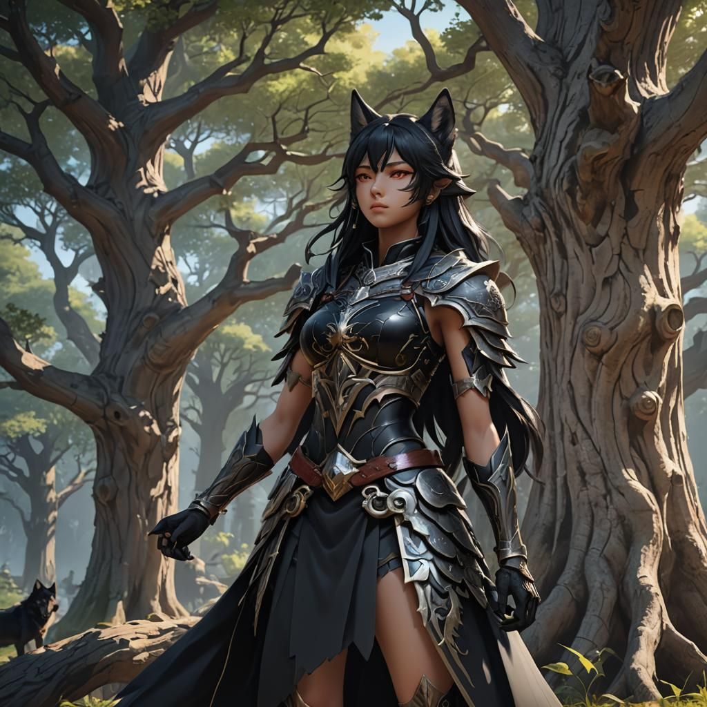Anime Wolf Hybrid in Front of Ancient Tree