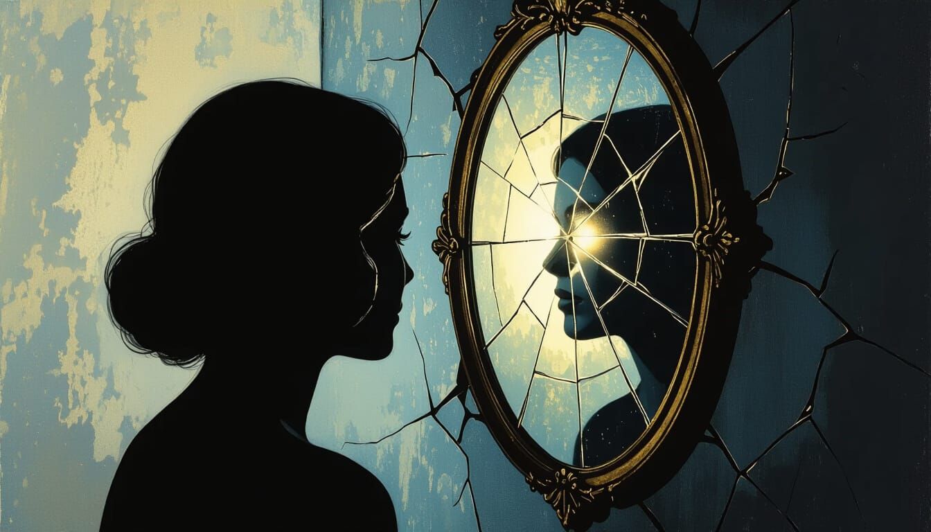 Silhouette Gazes into Cracked Mirror, Whole Reflection Glows