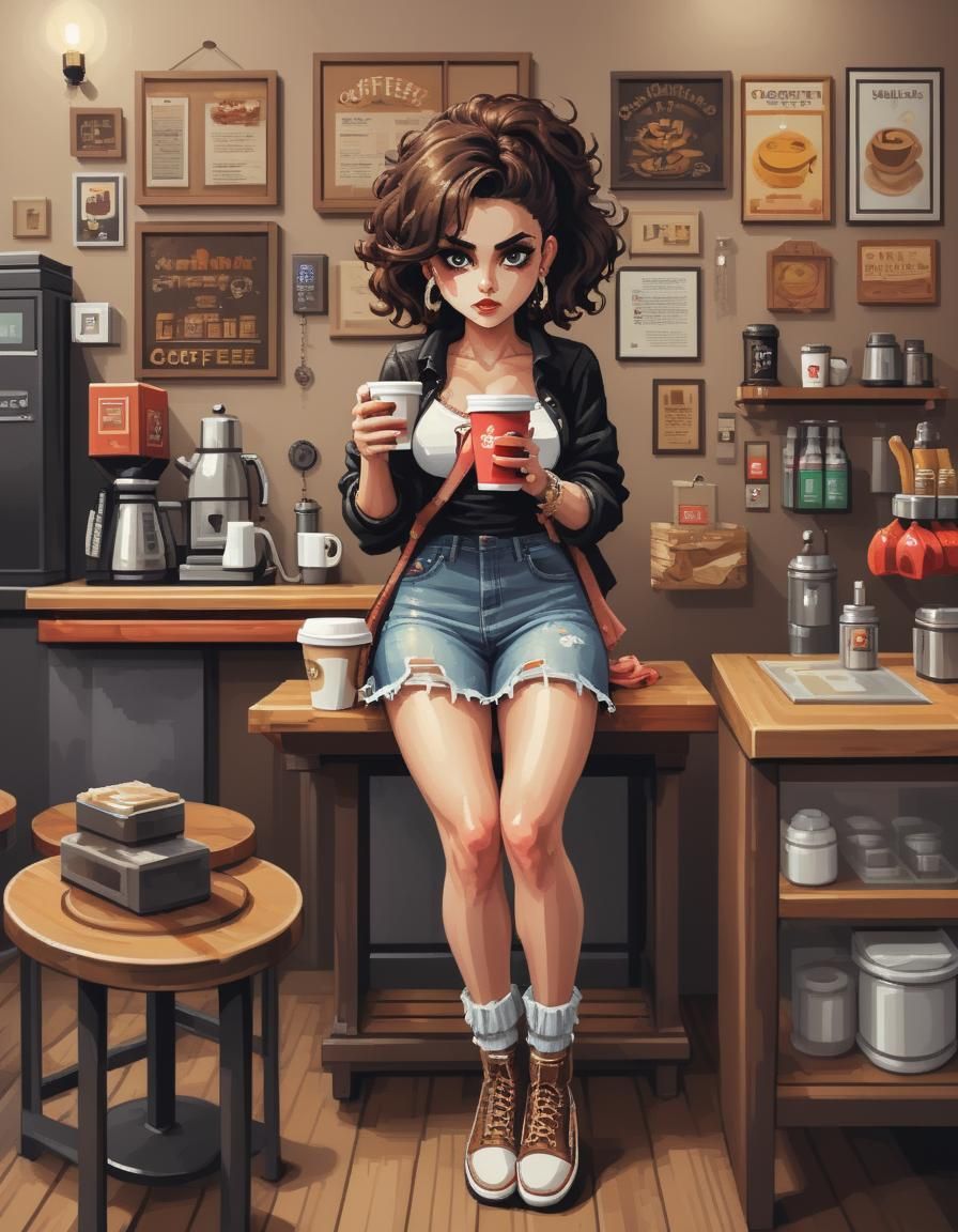 Pixel Art: Stunning Woman in Coffee Shop